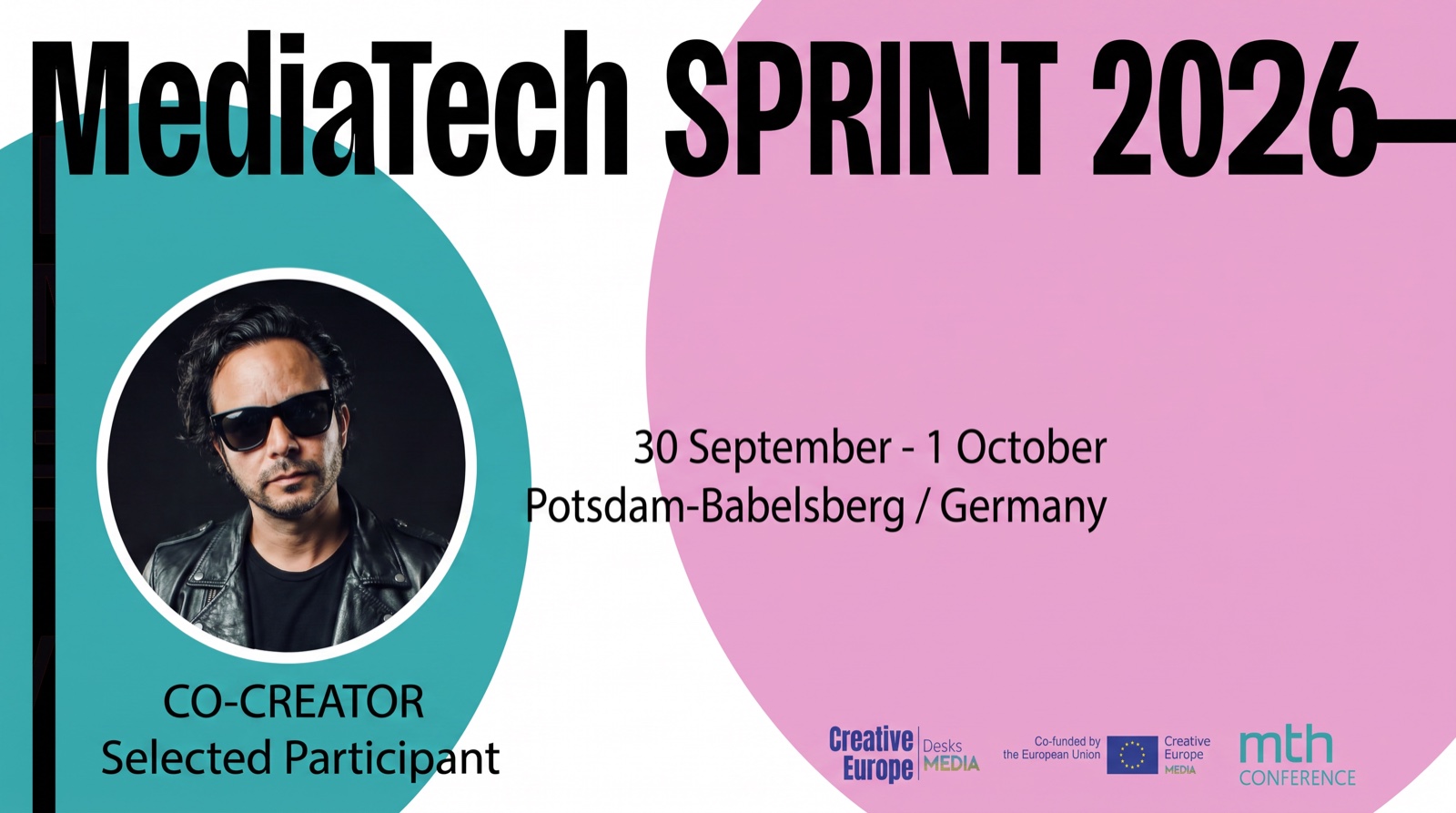 MediaTech SPRINT 2026 co-creator announcement with Javier Amaya — 30 September to 1 October, Potsdam-Babelsberg