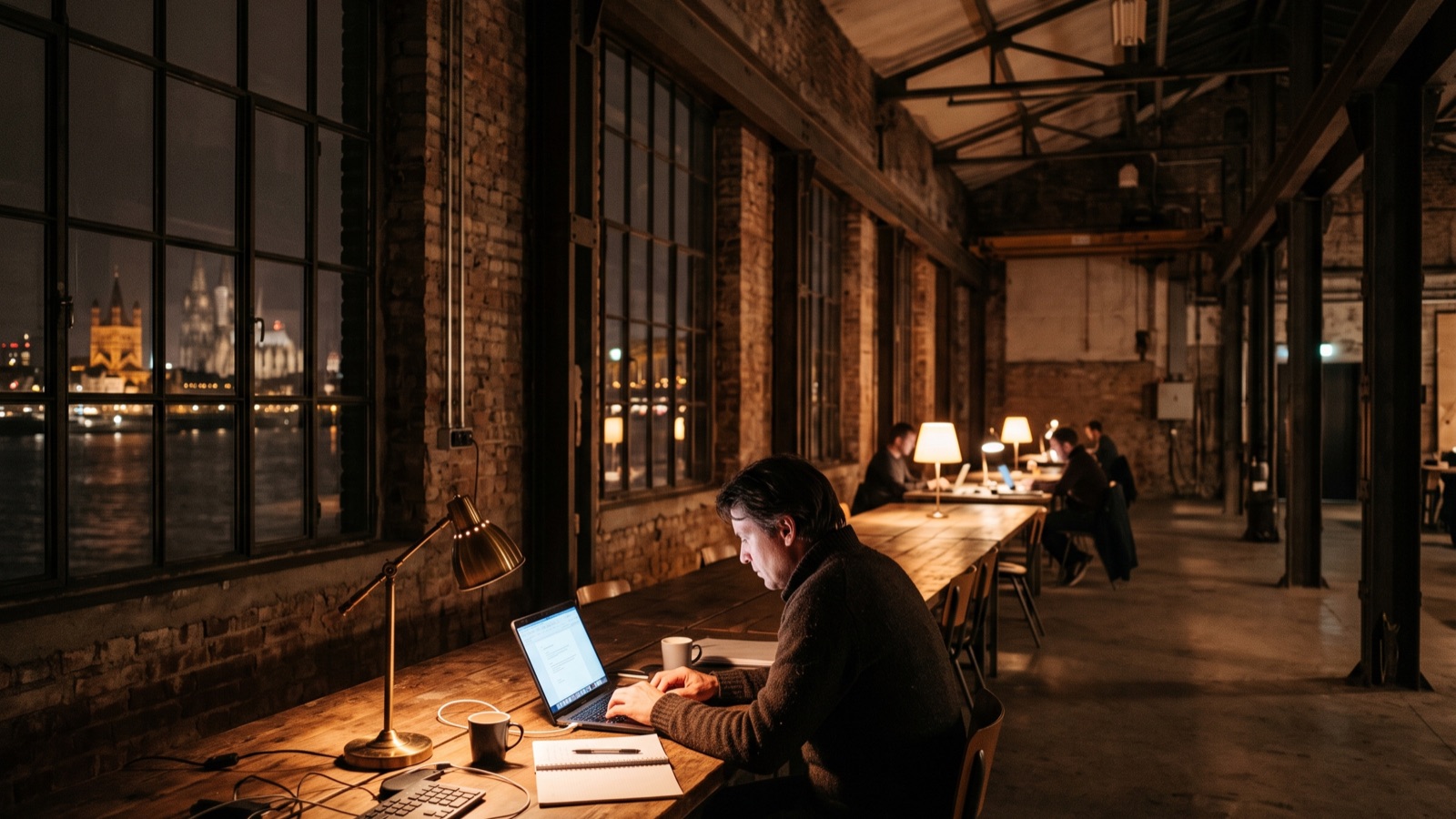 A night interior of a startup co-working hall in a converted industrial warehouse, people working quietly at long shared desks.